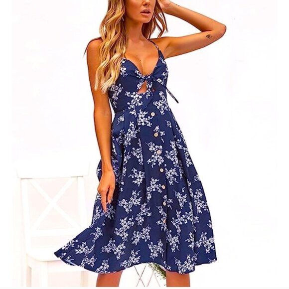 Ecowish Dresses & Skirts - NWT Ecowish Tie-front/Keyhole Midi Dress (Floral Navy and White).